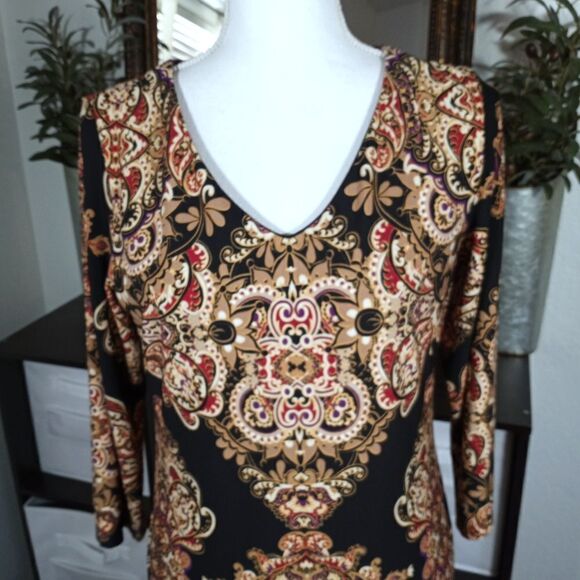 I.N.C INTERNATIONAL CONCEPTS BLACK, GOLD & BURGUNDY DRESS SZ.S EUC - Picture 5 of 7